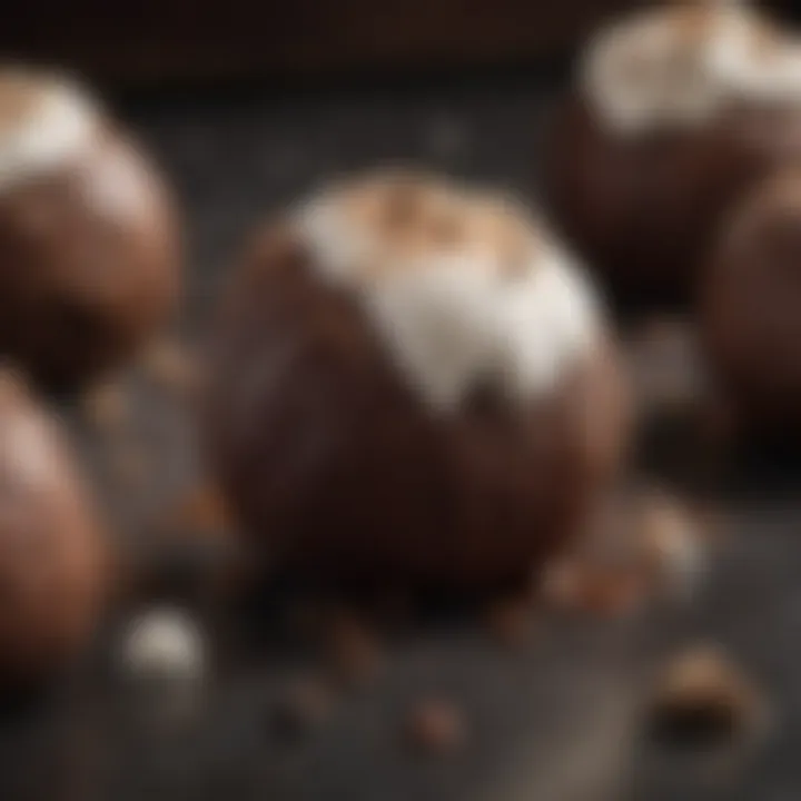 A close-up of a decadent chocolate truffle filled with marshmallow, showcasing glossy chocolate exterior and soft interior