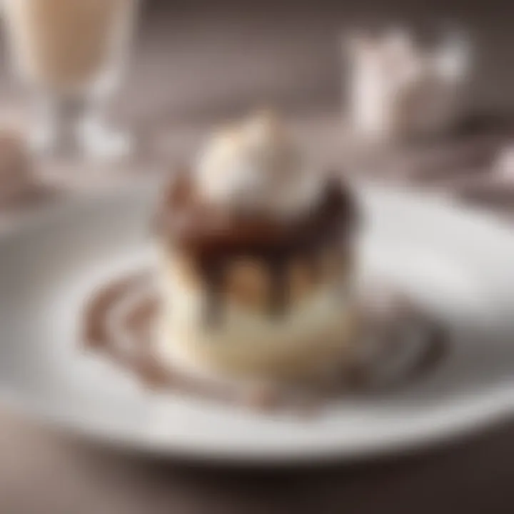 A beautifully plated gourmet dessert featuring a rich chocolate mousse topped with a swirl of marshmallow fluff and decorative elements