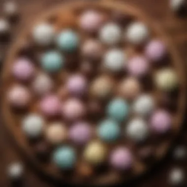 Artful Display of Marshmallow-Encased Chocolates An artistic arrangement of various marshmallow chocolates on a wooden platter, highlighting different textures and colors