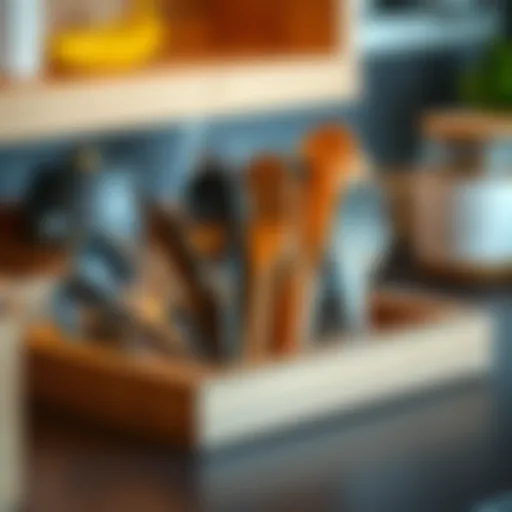 Wooden Utensil Tray Organization Elegant wooden utensil tray showcasing organization.
