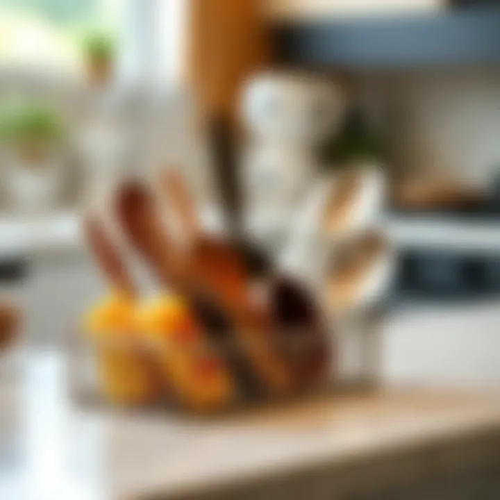 Stylish metal utensil tray enhancing kitchen decor.