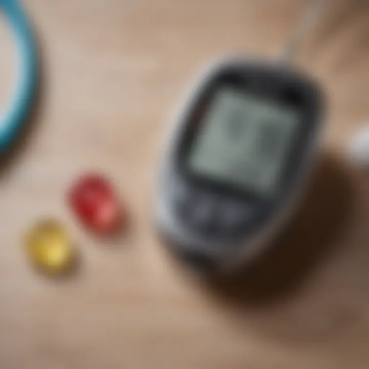 A close-up view of a glucose meter displaying blood sugar readings