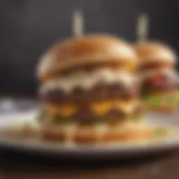 A gourmet burger topped with a rich cream sauce