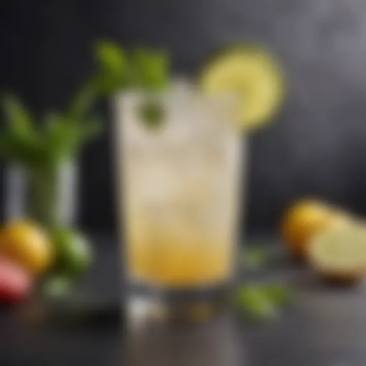 A close-up view of a beautifully garnished margarita mocktail with herbs and fruits