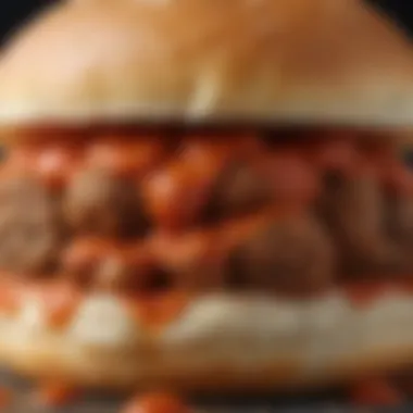 A close-up view of a meatball marinara sandwich showcasing its rich sauce and tender meatballs.