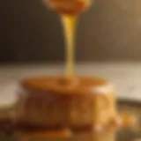 A close-up view of golden caramel drizzling over a dessert