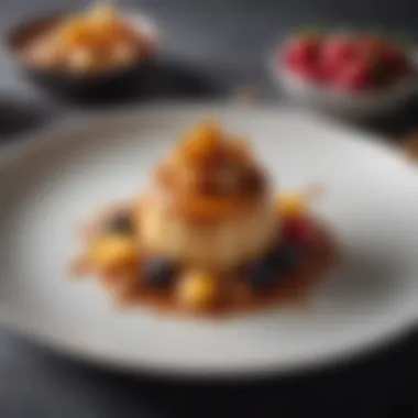 Plated Dessert with Caramel A beautifully plated dessert featuring caramel sauce and fruits