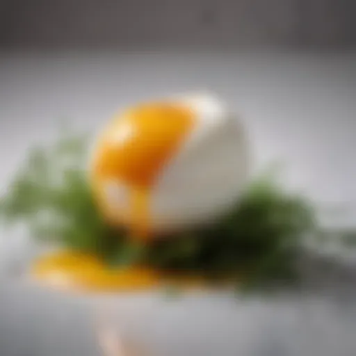 A perfectly poached egg with a runny yolk surrounded by fresh herbs.