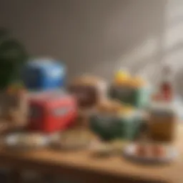 Variety of lunch coolers displayed on a table