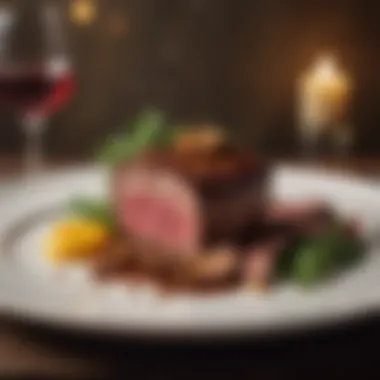 Gourmet Presentation of Ribeye Filet A beautifully plated ribeye filet served with gourmet sides