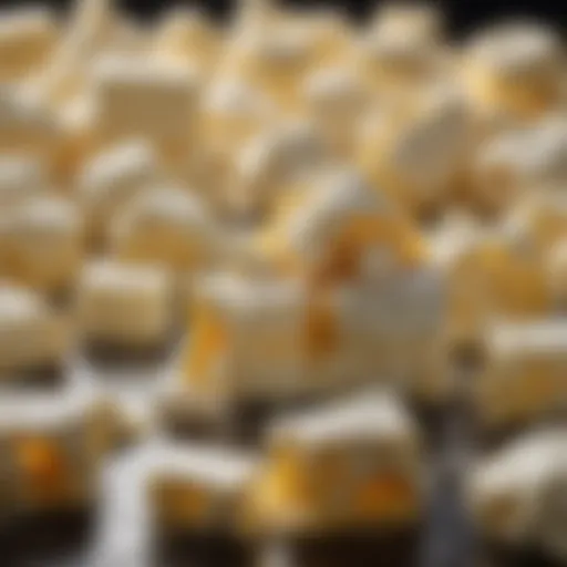 A close-up view of enzymes interacting with curds in cheese making.
