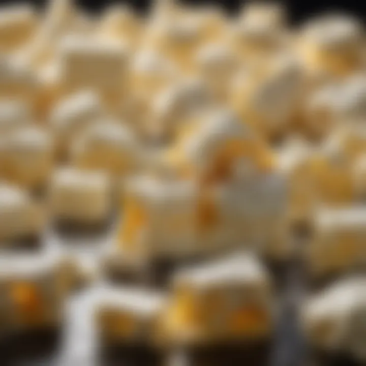A close-up view of enzymes interacting with curds in cheese making.