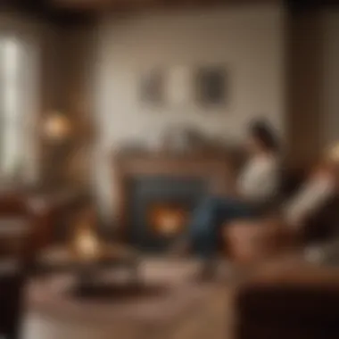 A cozy living room scene with a mother reading a book by a warm fireplace.