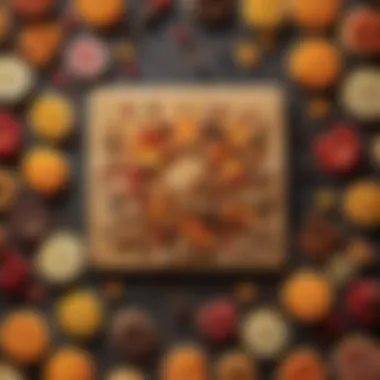 Artful Arrangement of Three-Ingredient Snacks A vibrant display of colorful three-ingredient snacks beautifully arranged on a wooden board.