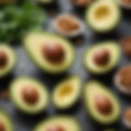 A vibrant assortment of keto-friendly ingredients including avocados, leafy greens, and nuts.