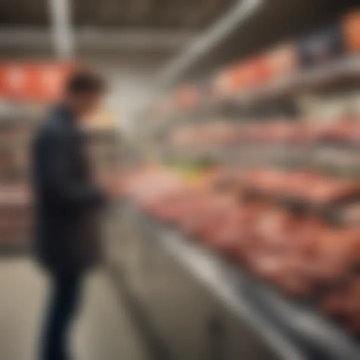 A shopper examining meat prices at Aldi