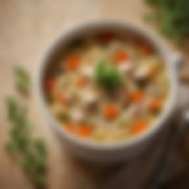 A bowl of chicken noodle soup with fresh herbs and vegetables