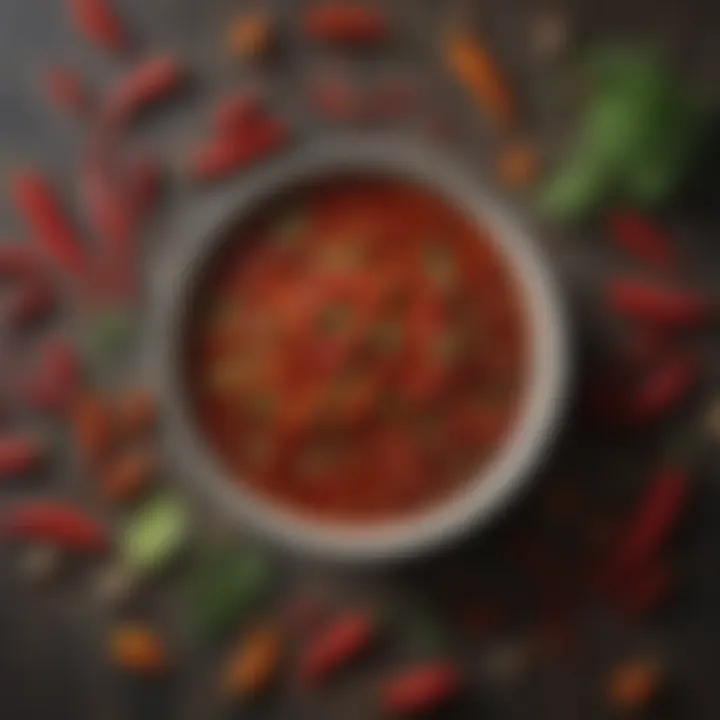 A close-up of chili sauce ingredients, showcasing spices and herbs