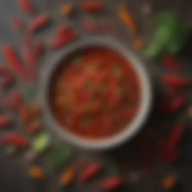 Key Ingredients of Chili Sauce A close-up of chili sauce ingredients, showcasing spices and herbs