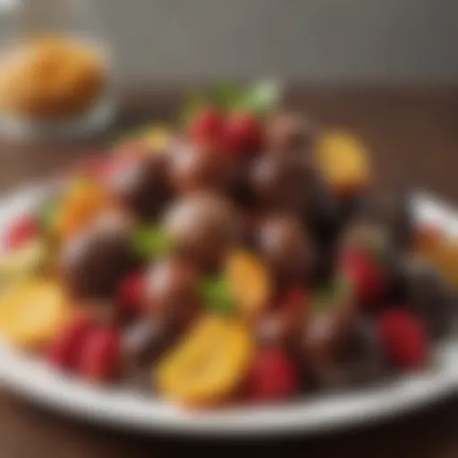 A variety of chocolate-covered fruits arranged on a decorative plate