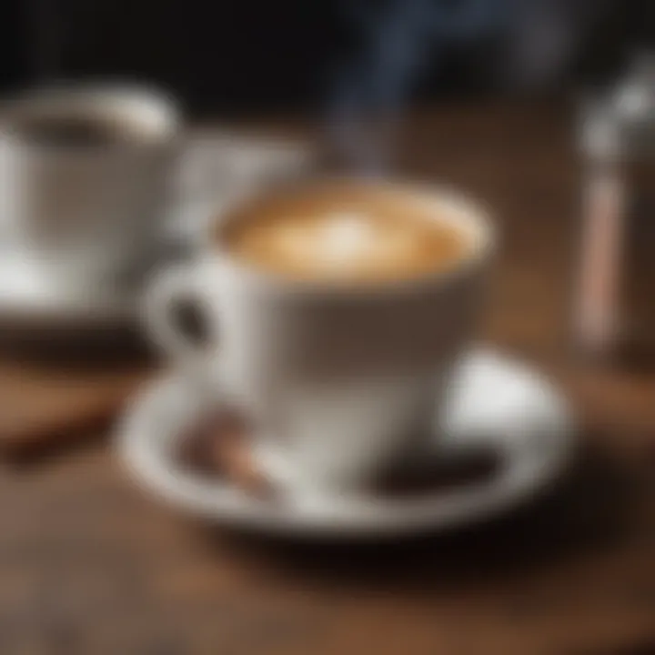 A steaming cup of decaf coffee on a rustic table