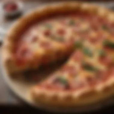Thick Crust Slice of Deep Dish Pizza A slice of deep dish pizza showcasing its thick crust and rich toppings