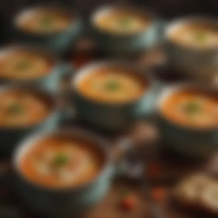 A visually appealing display of soup and stock in respective pots.