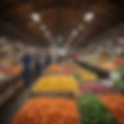 Illustration showcasing a vibrant food cooperative market filled with fresh produce and local products.