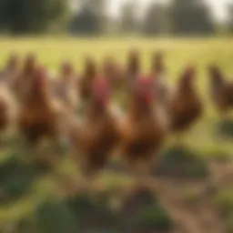 A serene pasture with hens roaming freely under the sun