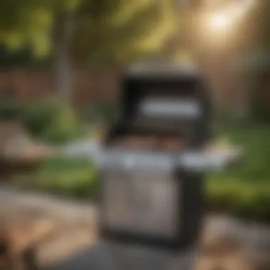 An Elegant Liquid Propane Grill in a Backyard Setting An elegant liquid propane grill in a backyard setting