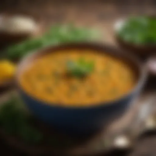 A vibrant bowl of masoor dal garnished with fresh herbs