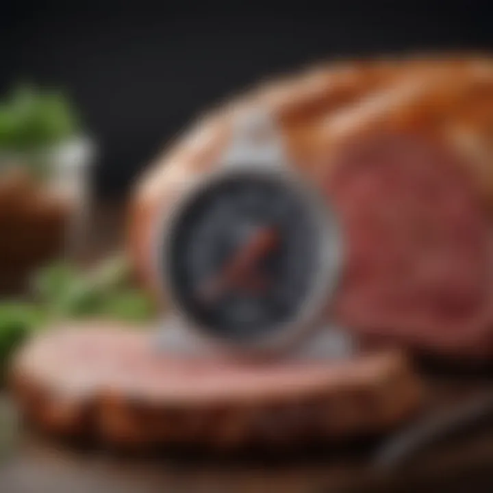 A thermometer being calibrated next to a roast