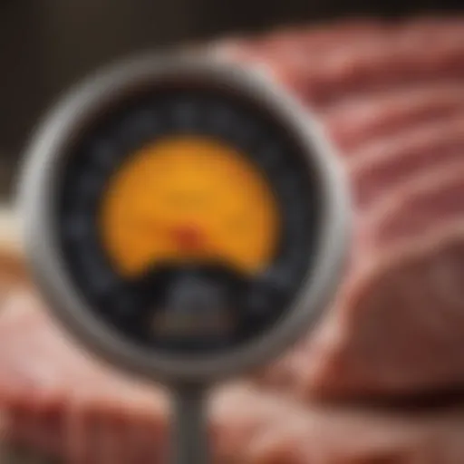 Close-up of a digital meat thermometer displaying temperature