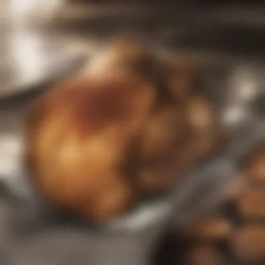 A close-up of rotisserie chickens in various marinades and spices