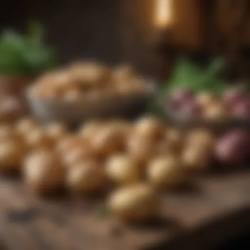 A variety of seasonal potatoes displayed in a rustic setting