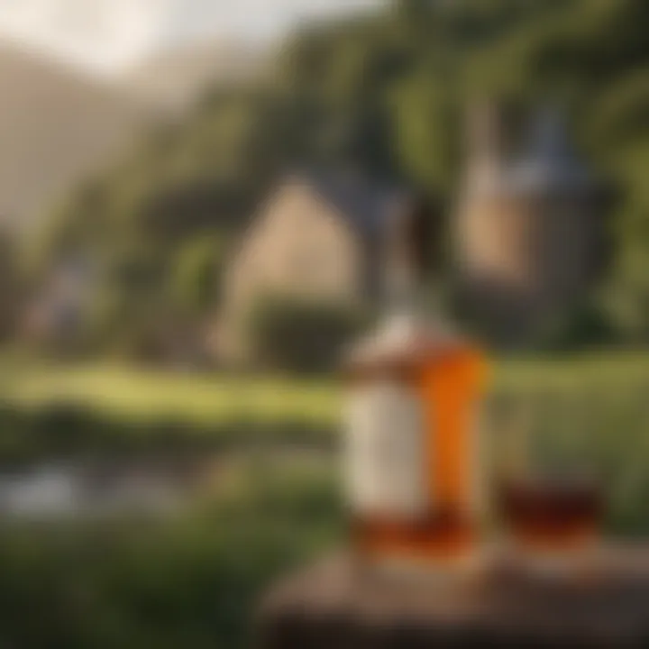 A scenic view of a traditional distillery surrounded by lush landscapes.