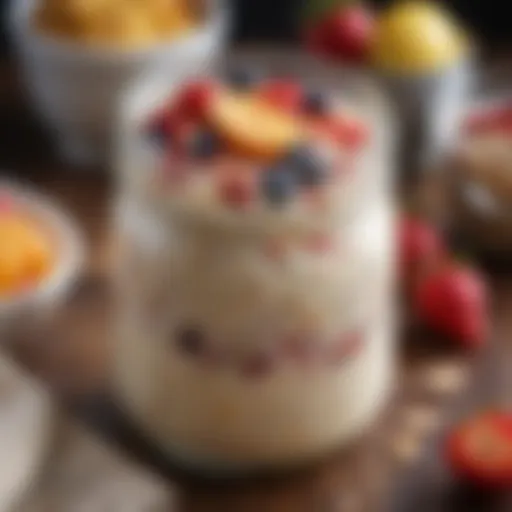 A close-up of oats soaking in a jar with fresh fruits on top