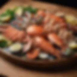 A vibrant assortment of fresh seafood displayed on a wooden platter.