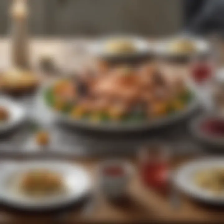 A beautifully arranged dining table featuring a pescatarian meal.