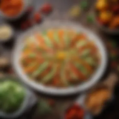Artful Presentation of Mandoline-Sliced Vegetables A beautifully arranged platter of thinly sliced vegetables prepared with a mandoline