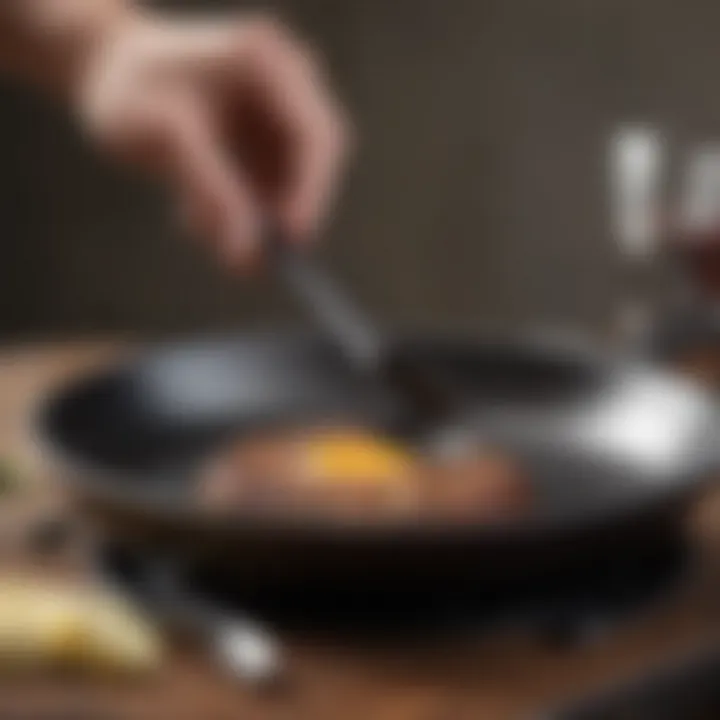 Detailed view of a sturdy handle on a cast iron skillet