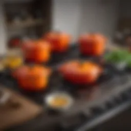 A vibrant display of Le Creuset cookware arranged in an elegant kitchen setting