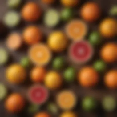 Variety of citrus fruits for juicing on a wooden surface