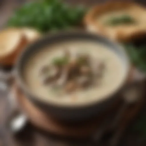 A bowl of creamy vegan mushroom soup garnished with fresh herbs