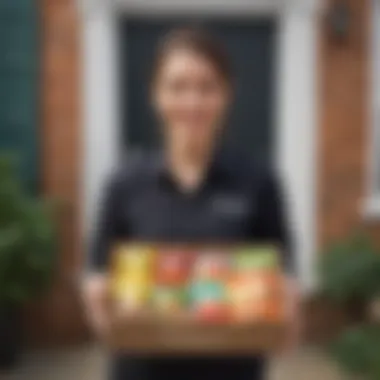 A delivery person holding a box of vegan snacks at a doorstep