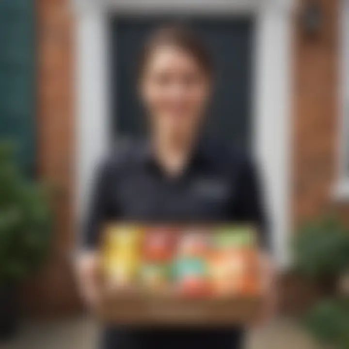 A delivery person holding a box of vegan snacks at a doorstep