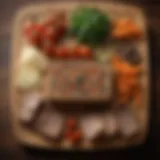 A close-up view of a beautifully arranged vegetarian pâté served on a wooden board with various garnishes.