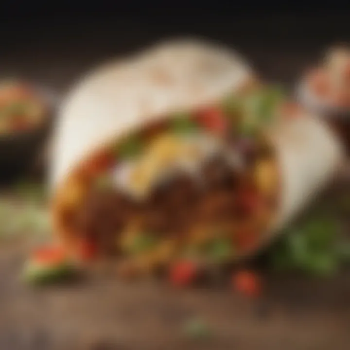 Close-up of a customized vegetarian burrito filled with fresh ingredients