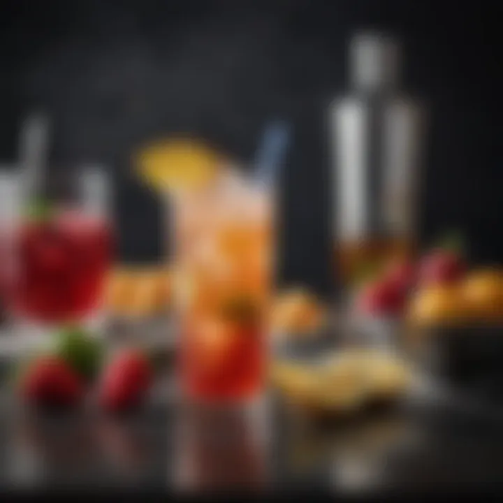 An elegant arrangement of cocktail ingredients including vodka, iced tea, and fresh fruits.