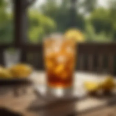 Vodka Iced Tea Cocktail in Outdoor Setting A vibrant outdoor setting featuring a vodka iced tea cocktail on a wooden table.